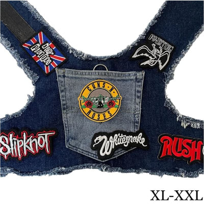 Guns N Roses Theme Upcycled Denim Rocker Dog Harness Vest HEADS OR TAILS HARNESS, MADE TO ORDER
