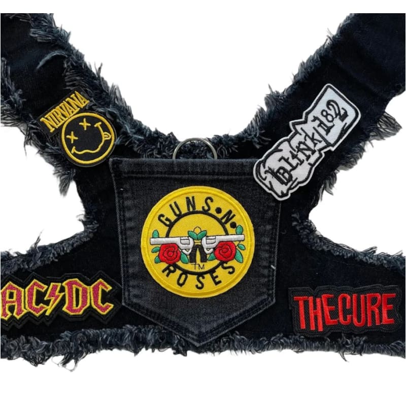 Black Guns N Roses Theme Upcycled Denim Rocker Dog Harness Vest HEADS OR TAILS HARNESS, MADE TO ORDER
