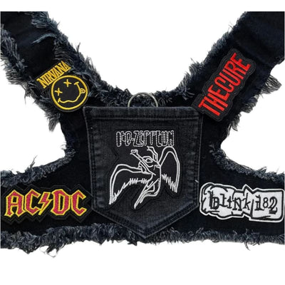 Black Led Zeppelin Theme Upcycled Denim Rocker Dog Harness Vest HEADS OR TAILS HARNESS, MADE TO ORDER