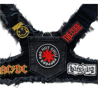 Black Red Hot Chili Peppers Theme Upcycled Denim Rocker Dog Harness Vest HEADS OR TAILS HARNESS, MADE TO ORDER