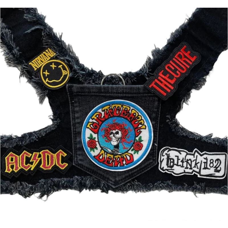 Black Grateful Dead Upcycled Denim Rocker Dog Harness Vest HEADS OR TAILS HARNESS, MADE TO ORDER, NEW ARRIVAL