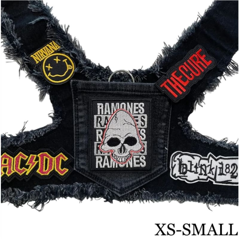 Black Ramones Theme Upcycled Denim Rocker Dog Harness Vest HEADS OR TAILS HARNESS, MADE TO ORDER, NEW ARRIVAL