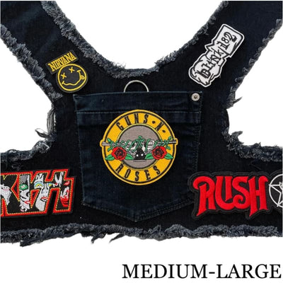 Black Guns N Roses Theme Upcycled Denim Rocker Dog Harness Vest HEADS OR TAILS HARNESS, MADE TO ORDER