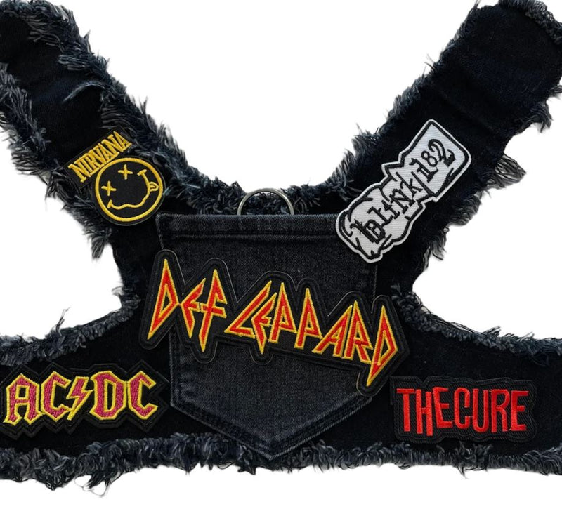 Black Def Leppard Theme Upcycled Denim Rocker Dog Harness Vest HEADS OR TAILS HARNESS, MADE TO ORDER, NEW ARRIVAL
