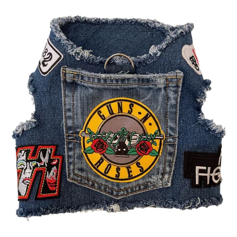 Guns N Roses Theme Upcycled Denim Rocker Dog Harness Vest HEADS OR TAILS HARNESS, MADE TO ORDER