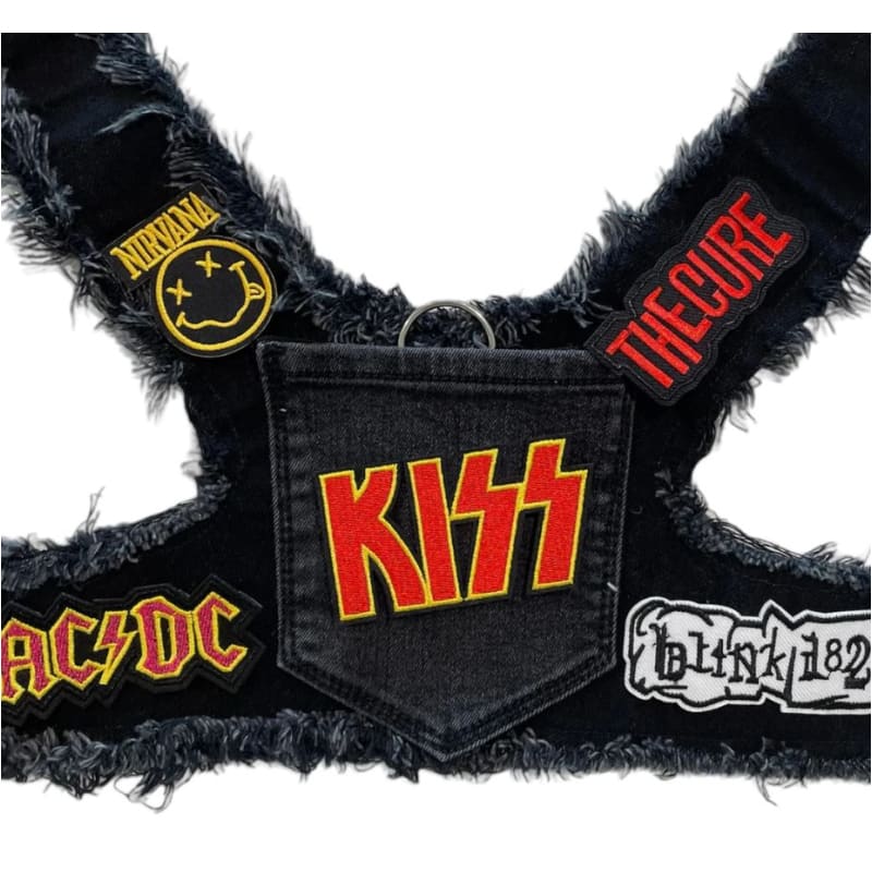Black KISS Theme Upcycled Denim Rocker Dog Harness Vest HEADS OR TAILS HARNESS, MADE TO ORDER, NEW ARRIVAL