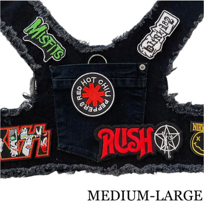 Black Red Hot Chili Peppers Theme Upcycled Denim Rocker Dog Harness Vest HEADS OR TAILS HARNESS, MADE TO ORDER
