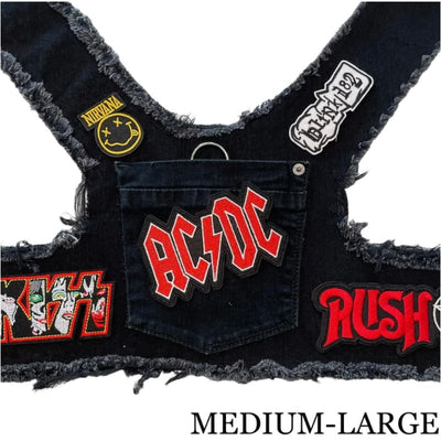 Black AC/DC Theme Upcycled Denim Rocker Dog Harness Vest HEADS OR TAILS HARNESS, MADE TO ORDER
