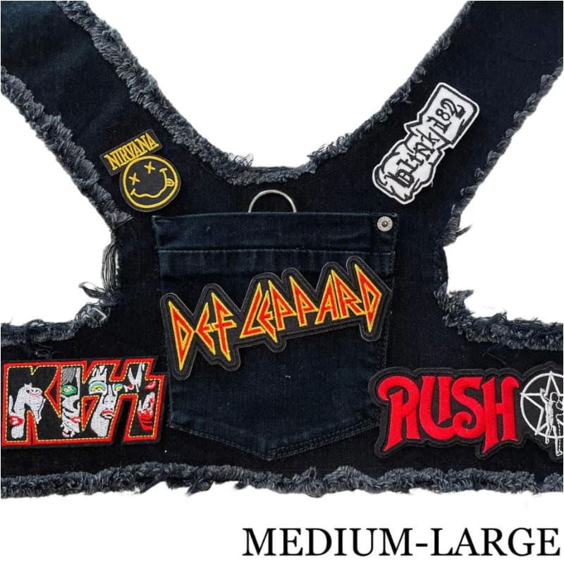 Black Def Leppard Theme Upcycled Denim Rocker Dog Harness Vest HEADS OR TAILS HARNESS, MADE TO ORDER, NEW ARRIVAL