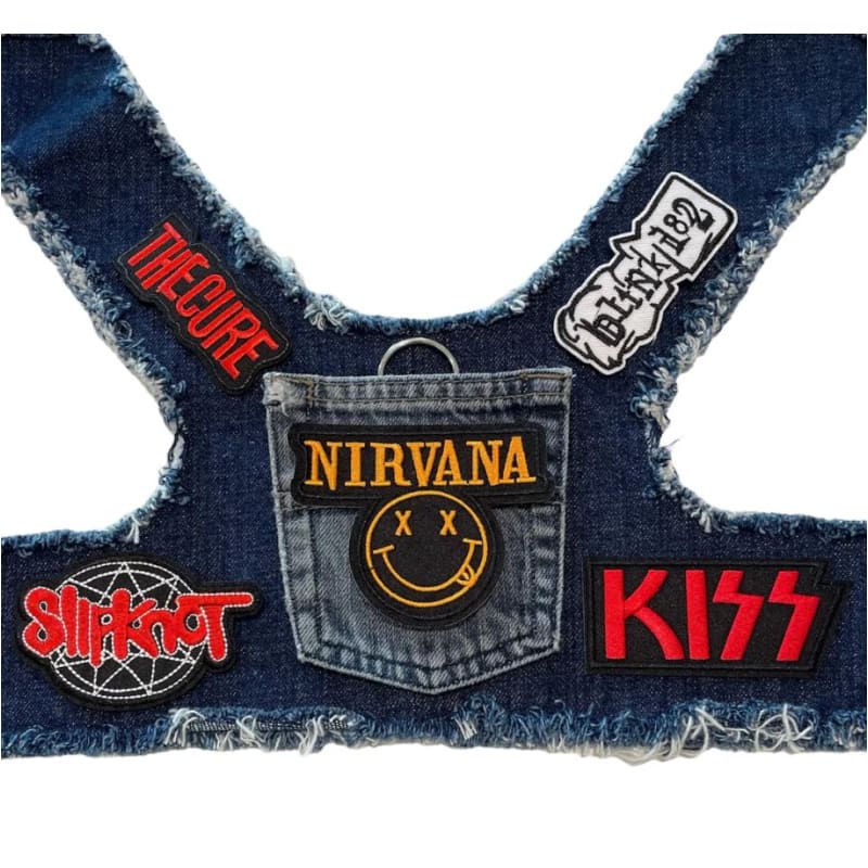 Nirvana Theme Upcycled Denim Rocker Dog Harness Vest HEADS OR TAILS HARNESS, MADE TO ORDER, NEW ARRIVAL