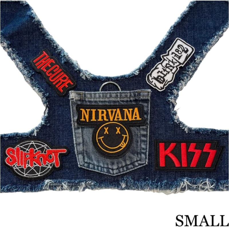 Nirvana Theme Upcycled Denim Rocker Dog Harness Vest HEADS OR TAILS HARNESS, MADE TO ORDER, NEW ARRIVAL