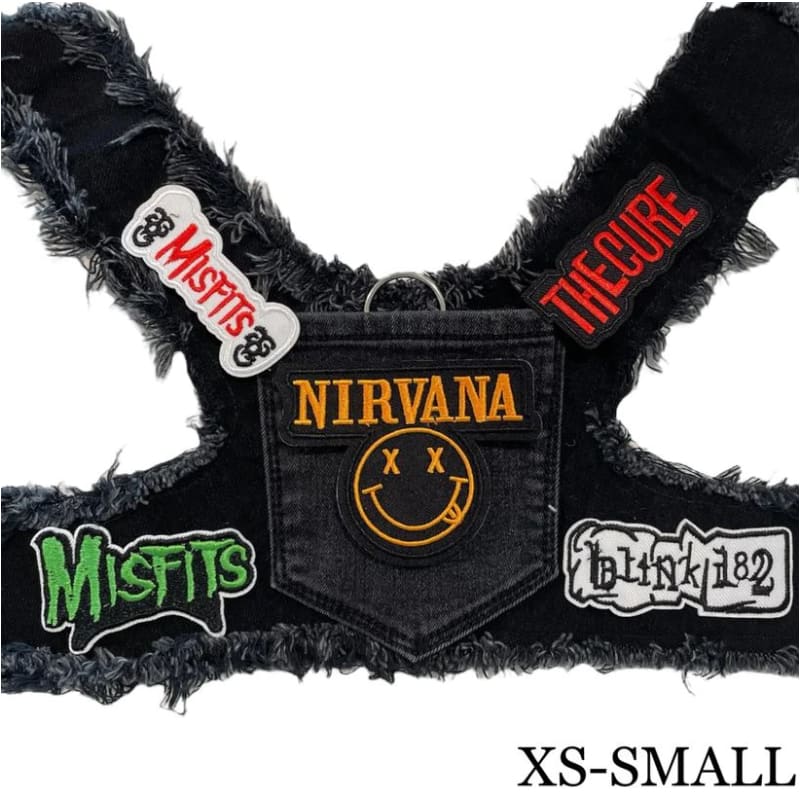 Black Nirvana Theme Upcycled Denim Rocker Dog Harness Vest HEADS OR TAILS HARNESS, MADE TO ORDER, NEW ARRIVAL