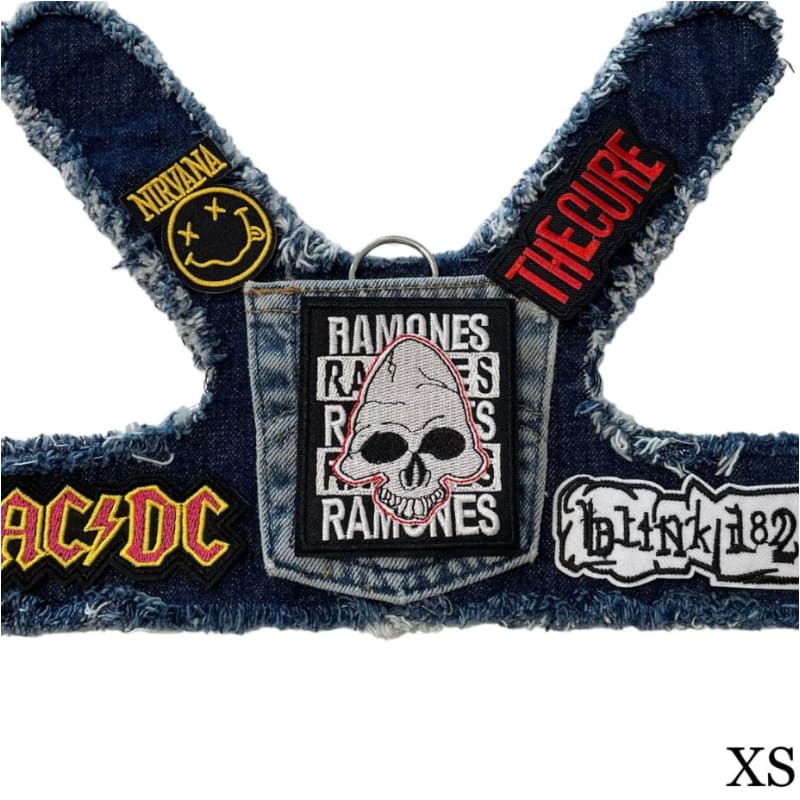 The Ramones Theme Upcycled Denim Rocker Dog Harness Vest HEADS OR TAILS HARNESS, MADE TO ORDER, NEW ARRIVAL