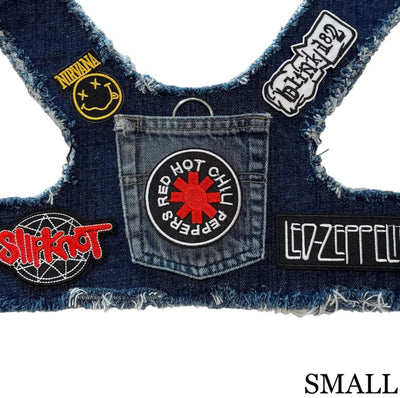 Red Hot Chili Peppers Theme Upcycled Denim Rocker Dog Harness Vest HEADS OR TAILS HARNESS, MADE TO ORDER