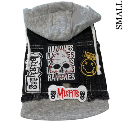 Ramones Theme Denim Rocker Hoodie Dog Jacket HEADS OR TAILS JACKET, MADE TO ORDER, NEW ARRIVAL