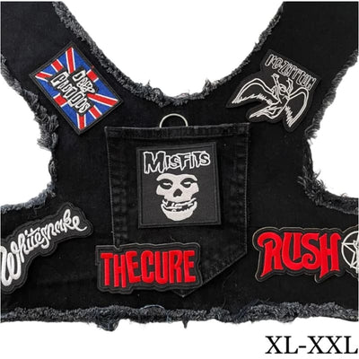 Black Misfits Theme Upcycled Denim Rocker Dog Harness Vest HEADS OR TAILS HARNESS, MADE TO ORDER, NEW ARRIVAL
