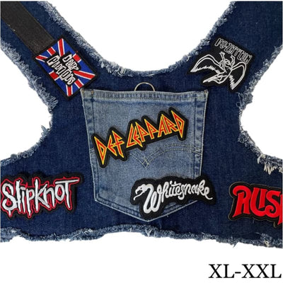 Def Leppard Theme Upcycled Denim Rocker Dog Harness Vest HEADS OR TAILS HARNESS, MADE TO ORDER, NEW ARRIVAL