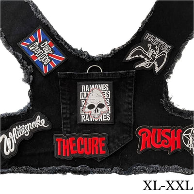 Black Ramones Theme Upcycled Denim Rocker Dog Harness Vest HEADS OR TAILS HARNESS, MADE TO ORDER, NEW ARRIVAL