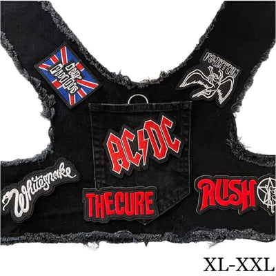 Black AC/DC Theme Upcycled Denim Rocker Dog Harness Vest HEADS OR TAILS HARNESS, MADE TO ORDER