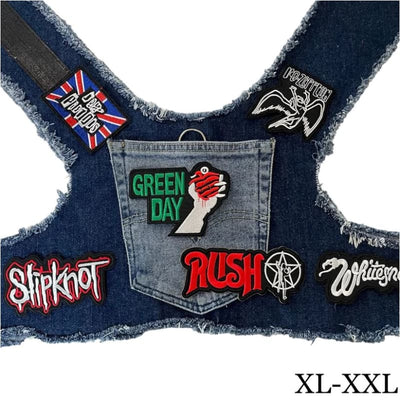 Green Day Theme Upcycled Denim Rocker Dog Harness Vest HEADS OR TAILS HARNESS, MADE TO ORDER, NEW ARRIVAL