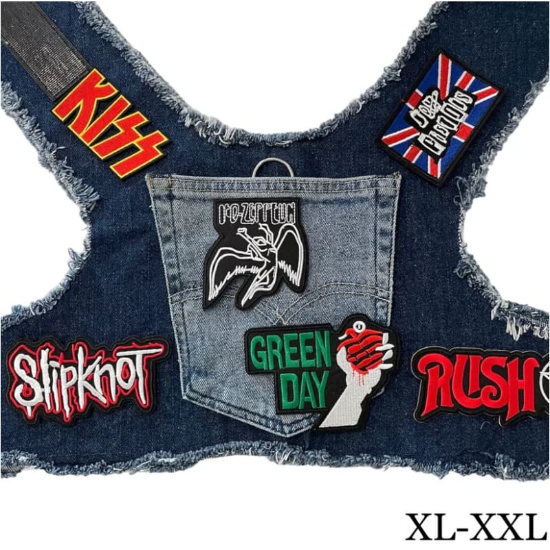 Led Zeppelin Theme Upcycled Denim Rocker Dog Harness Vest HEADS OR TAILS HARNESS, MADE TO ORDER