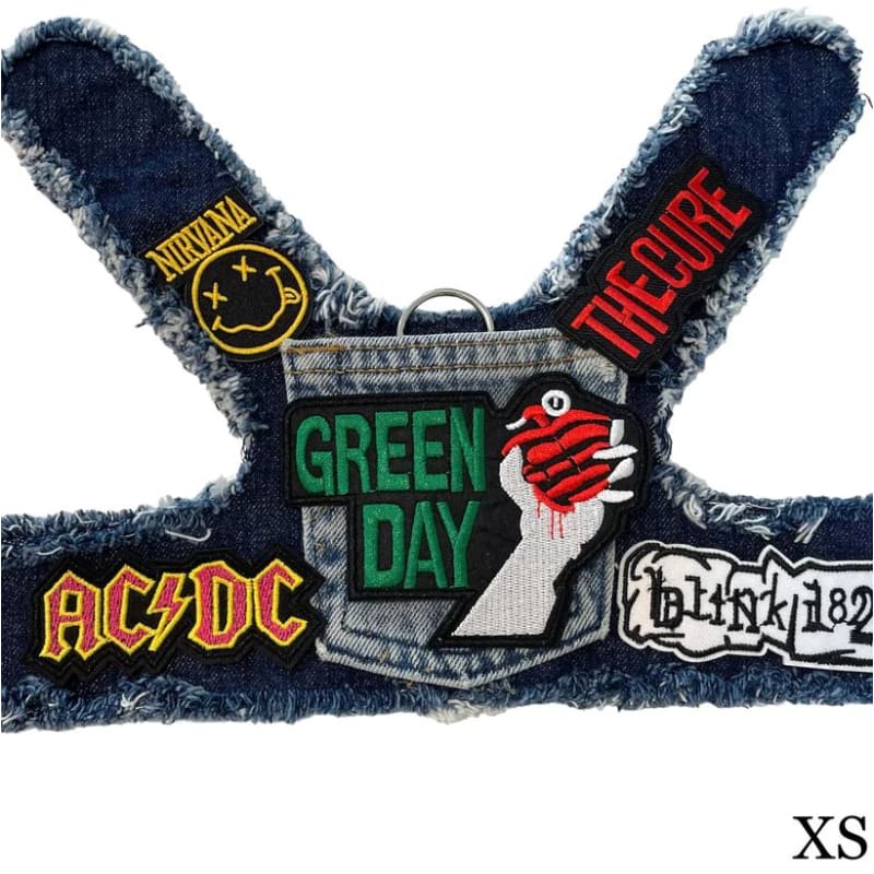 Green Day Theme Upcycled Denim Rocker Dog Harness Vest HEADS OR TAILS HARNESS, MADE TO ORDER, NEW ARRIVAL