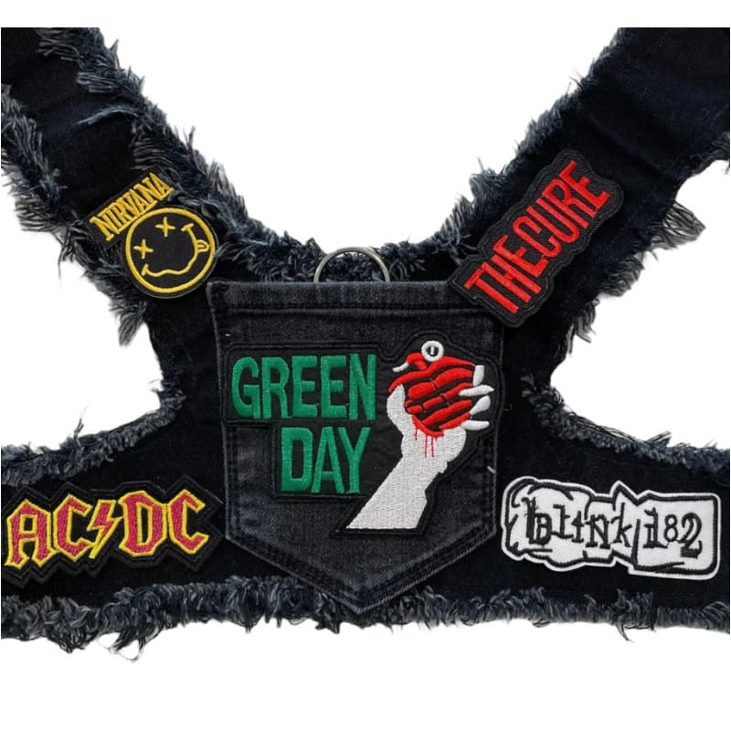 Black Green Day Theme Upcycled Denim Rocker Dog Harness Vest HEADS OR TAILS HARNESS, MADE TO ORDER, NEW ARRIVAL