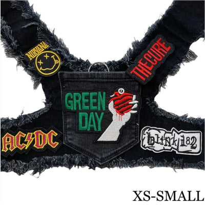 Black Green Day Theme Upcycled Denim Rocker Dog Harness Vest HEADS OR TAILS HARNESS, MADE TO ORDER, NEW ARRIVAL