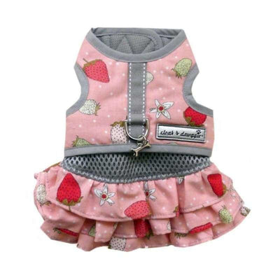 2-Piece Pink Strawberry Harness Vest Dress clothes for small dogs, cute dog apparel, cute dog clothes, cute dog dresses, dog apparel