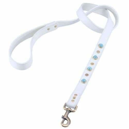 Boho Turquoise Glass Genuine Leather White Dog Collar bling dog collars, cute dog collar, dog collars, fun dog collars, leather dog collars