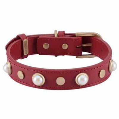Boho Glass Pearl Genuine Leather Red Dog Collar bling dog collars, cute dog collar, dog collars, fun dog collars, leather dog collars