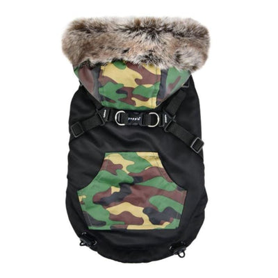- Orson Fleece and Fur Dog Coat With Harness in Black Camo NEW ARRIVAL