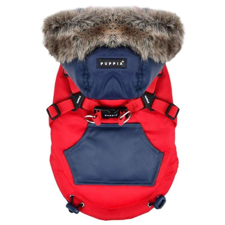 - Orson Fleece and Fur Dog Coat With Harness in Red NEW ARRIVAL