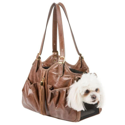 Italian Leather Toffee Metro Couture Dog Carrier with Tassel luxury dog carriers, luxury dog purse carriers, NEW ARRIVAL
