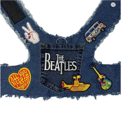 The Beatles Theme Upcycled Denim Rocker Dog Harness Vest MADE TO ORDER, NEW ARRIVAL