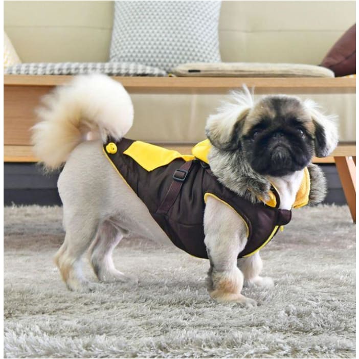 - Orson Fleece and Fur Dog Coat With Harness in Brown NEW ARRIVAL