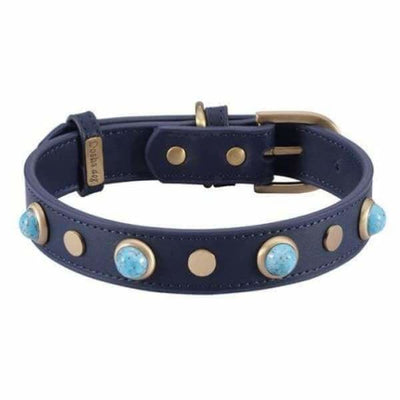 - Boho Turquoise Glass Genuine Leather Navy Dog Collar NEW ARRIVAL