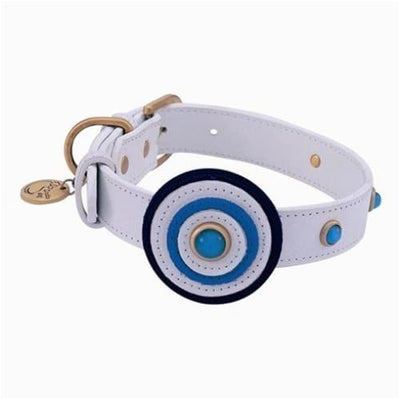 - Happy Campers Circle & Blue Cat Eye Genuine Leather Dog Collar NEW ARRIVAL