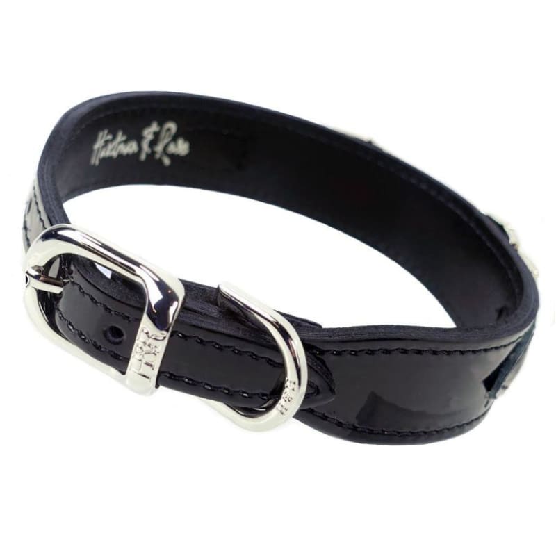 - Haute Couture Art Deco Dog Collar in Black Patent & Nickel genuine leather dog collars HARTMAN & ROSE luxury dog collars