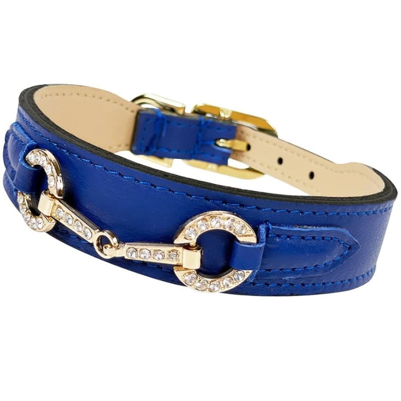 Holiday Crystal Bit Italian Leather Dog Collar in Colbalt Blue & Gold Pet Collars & Harnesses genuine leather dog collars, HARTMAN & ROSE, 
