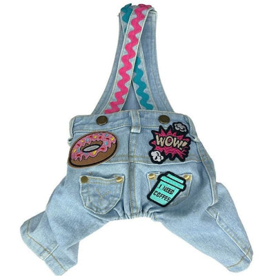 Coffee Run Denim Dog Overalls with Patches MADE TO ORDER, NEW ARRIVAL