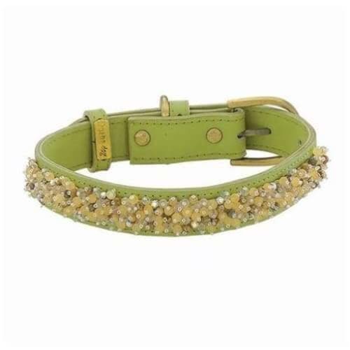 Beaded Yellow Jade & Picture Jasper Genuine Leather Dog Collar bling dog collars, cute dog collar, dog collars, fun dog collars, leather dog