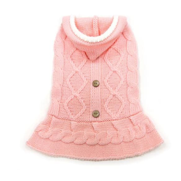Cable Hoodie Dog Sweater Dress in Pink clothes for small dogs, COATS, cute dog apparel, cute dog clothes, cute dog dresses