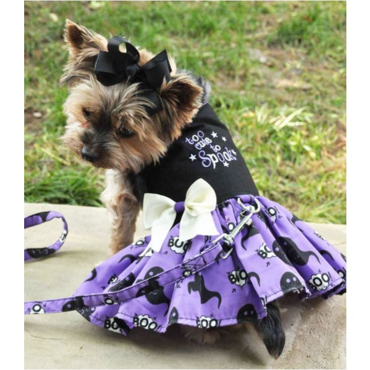 Halloween Too Cute To Spook Harness Dress With Matching Leash clothes for small dogs, cute dog apparel, cute dog clothes, cute dog dresses, 