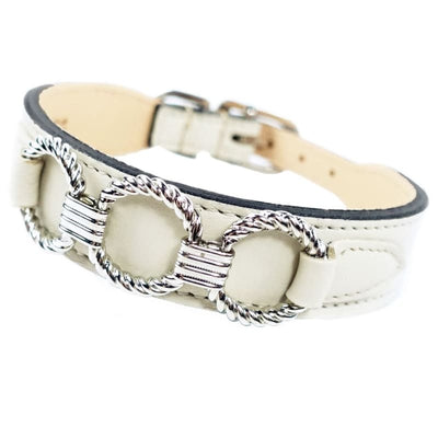 Athena Italian Leather Dog Collar In Eggshell & Nickel Pet Collars & Harnesses genuine leather dog collars, luxury dog collars, MADE TO 