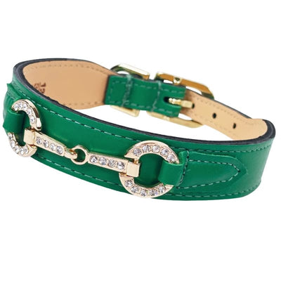 Holiday Crystal Bit Italian Leather Dog Collar in Emerald & Gold Pet Collars & Harnesses genuine leather dog collars, HARTMAN & ROSE, luxury
