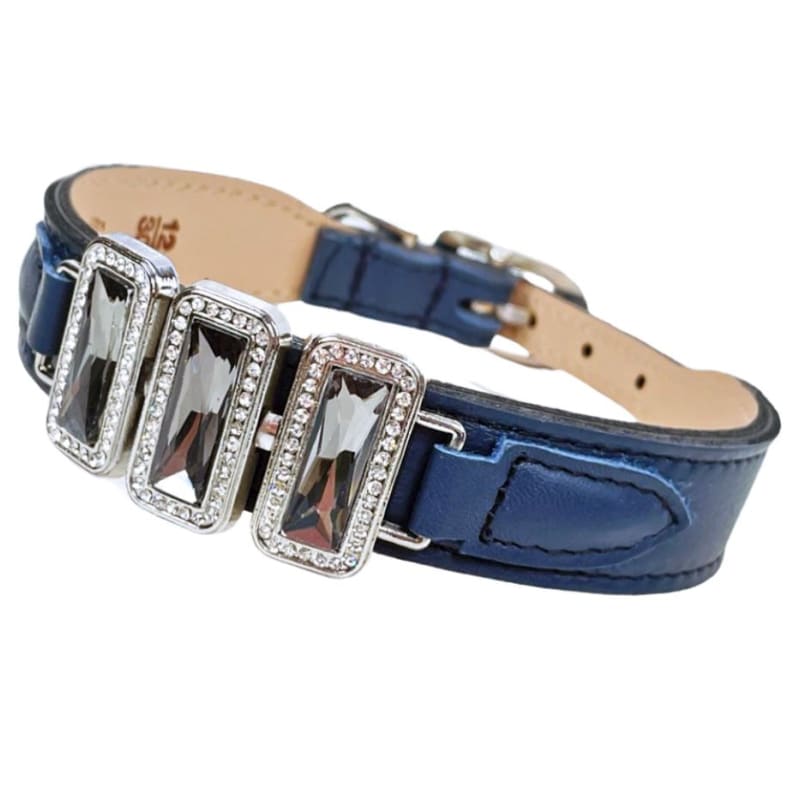 Imperial Genuine Italian Leather & Swarovski Crystal Dog Collar In French Navy & Nickel Pet Collars & Harnesses genuine leather dog collars,