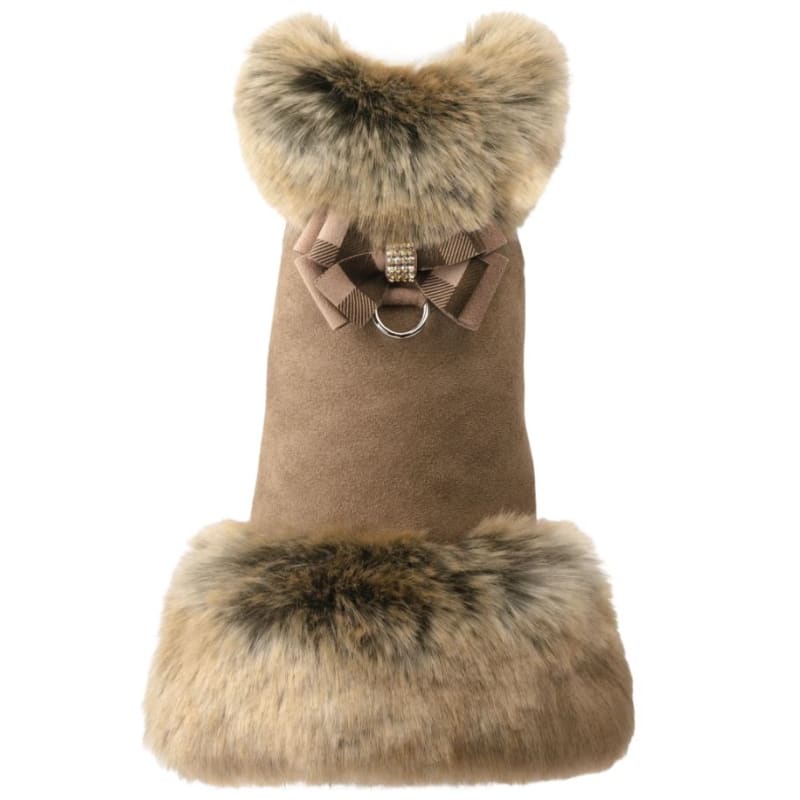 Fawn Gingham Nouveau Bow Bronze Faux Fur Dog Coat Dog Apparel NEW ARRIVAL