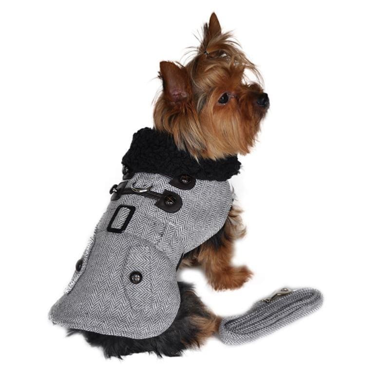 Grey Herringbone Wool Dog Coat With Leash clothes for small dogs, COATS, cute dog apparel, cute dog clothes, dog apparel