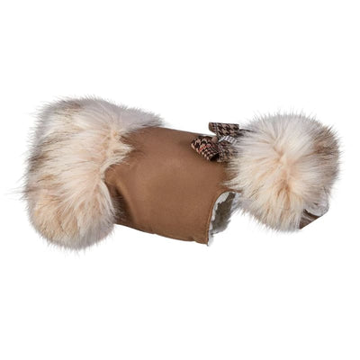 Ivory Fox Fur Coat with Chocolate Glen Houndstooth Nouveau Bow Dog Apparel